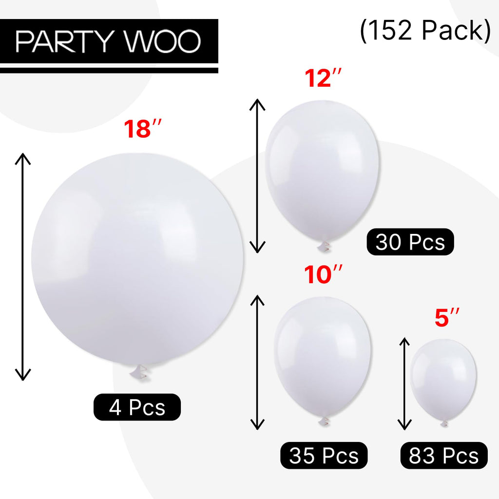 PartyWoo White Balloons 152pcs Matte Latex Balloon Kit for Arch & Garland