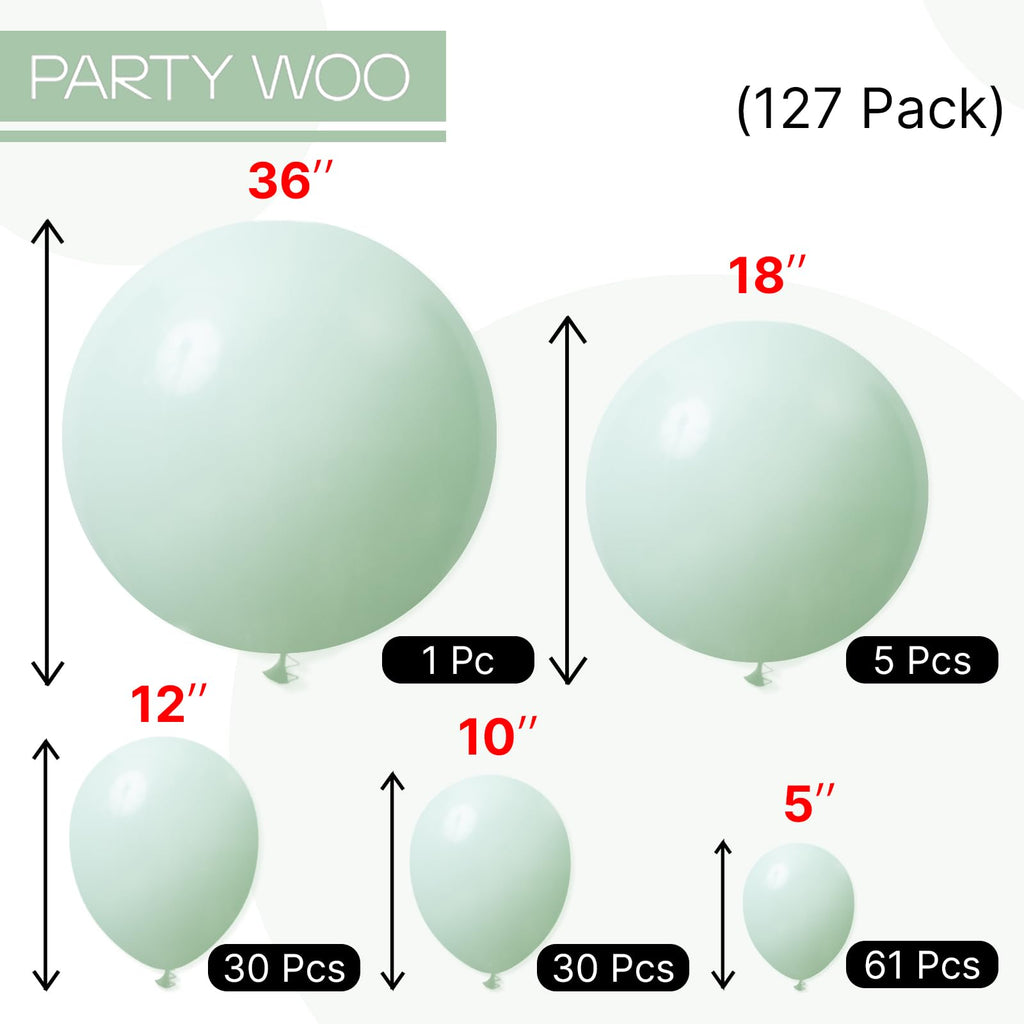 PartyWoo Light Green Balloons Pack – 127pcs Mint Pastel Balloons for Baby Shower, Birthday & Party Decor