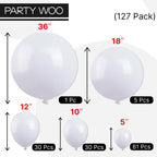 PartyWoo White Balloons 127pc Matte Latex Set — 36in to 5in for Weddings, Birthdays, and More
