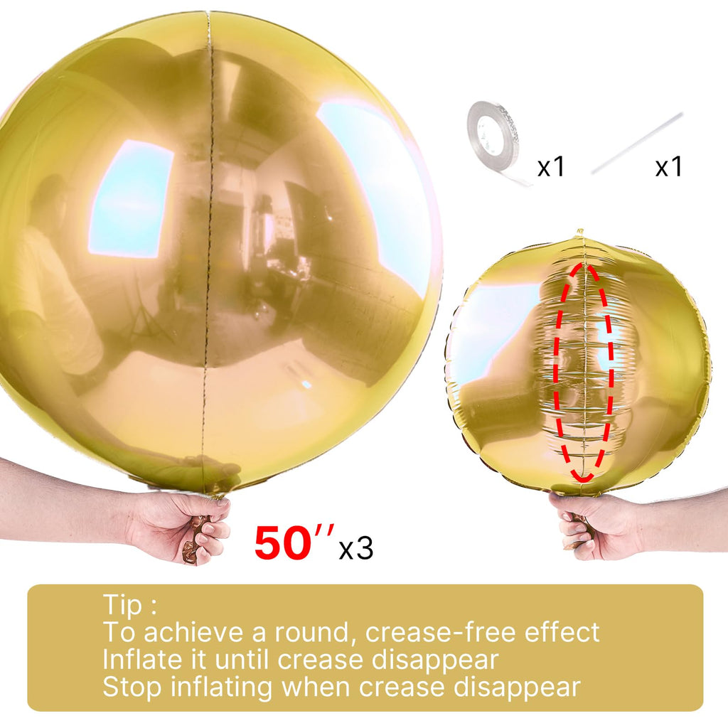 PartyWoo Metallic Gold 50-Inch 3-Pack 4D Mirror Ball Mylar Balloons
