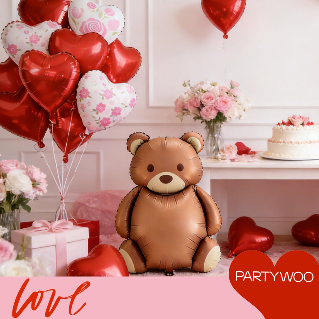 PartyWoo Valentine's Balloons — 18in Red Heart & Bear Foil Set, 15 Pieces