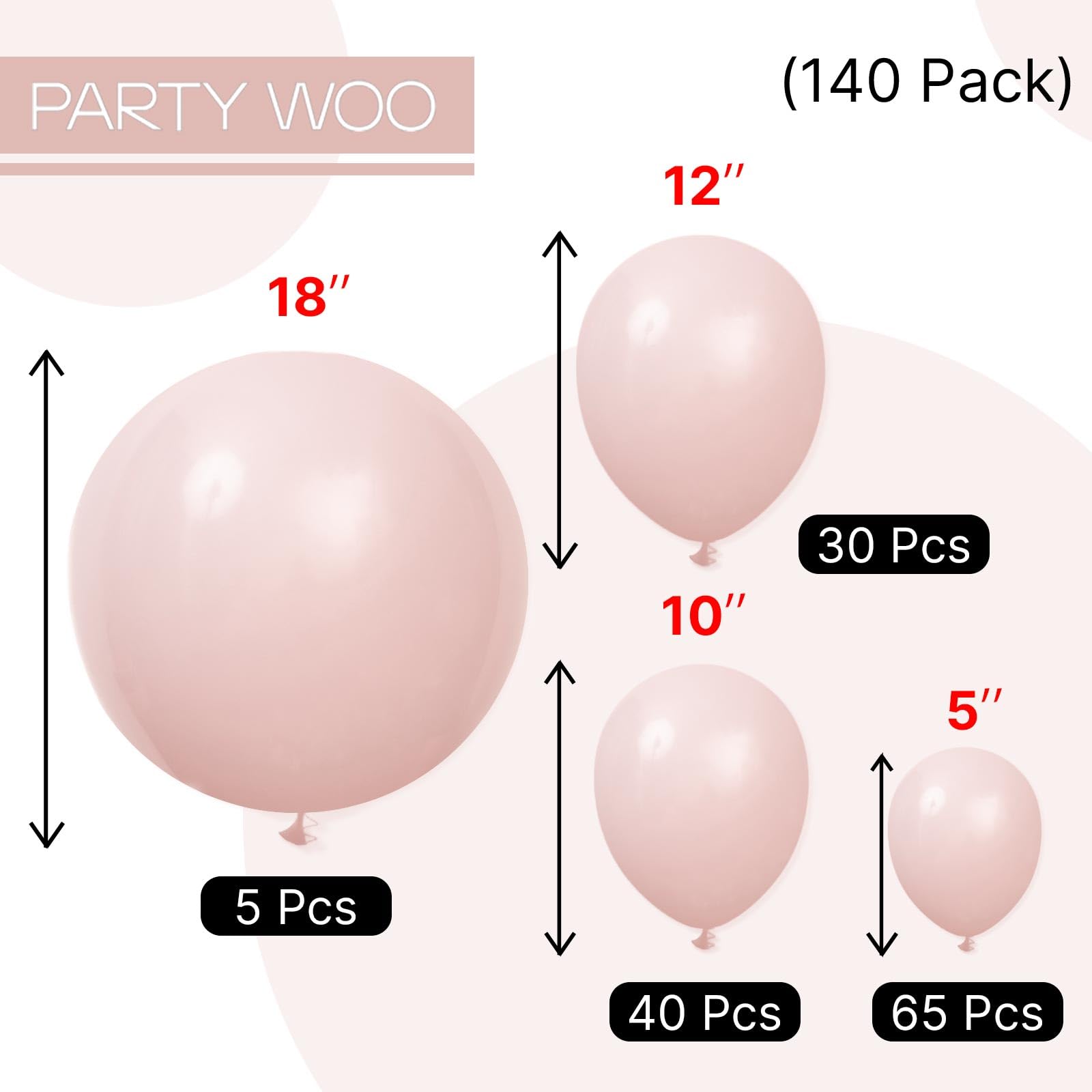 PartyWoo Dusty Pink Balloons 140pcs – 18/12/10/5in Latex Balloons for Birthday, Baby Shower, Graduation, Bachelorette Decorations Pink-F54