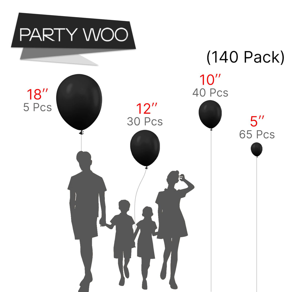 PartyWoo Black Balloons 140 Pcs | 18/12/10/5 Inch Arch Kit Garland for Parties
