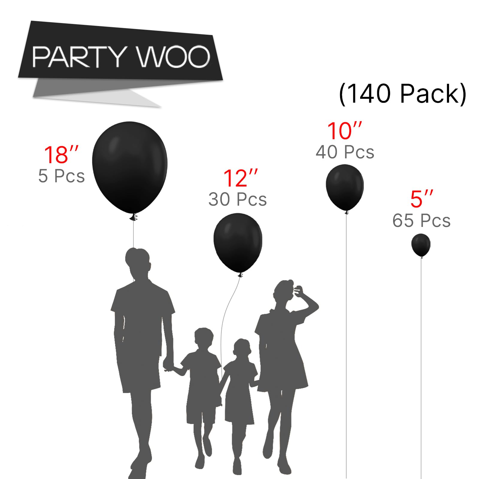 PartyWoo Black Balloons 140 Pcs | 18/12/10/5 Inch Arch Kit Garland for Parties