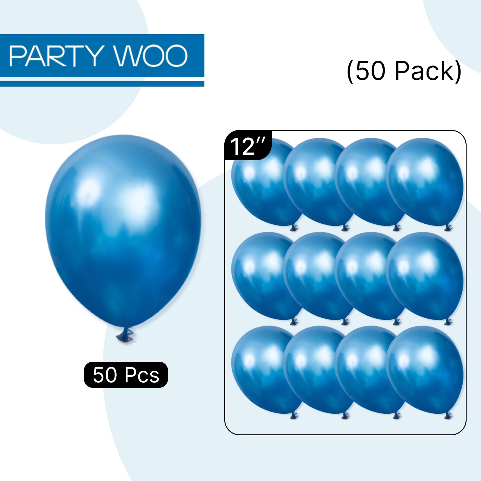 PartyWoo Metallic Blue Balloons 50 Pcs | 12in Chrome Latex Balloons for Weddings & Parties