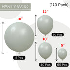 PartyWoo Dusty Green Balloons 140pcs – Boho Jungle Party Kit in Sage Olive Eucalyptus (18/12/10/5in)