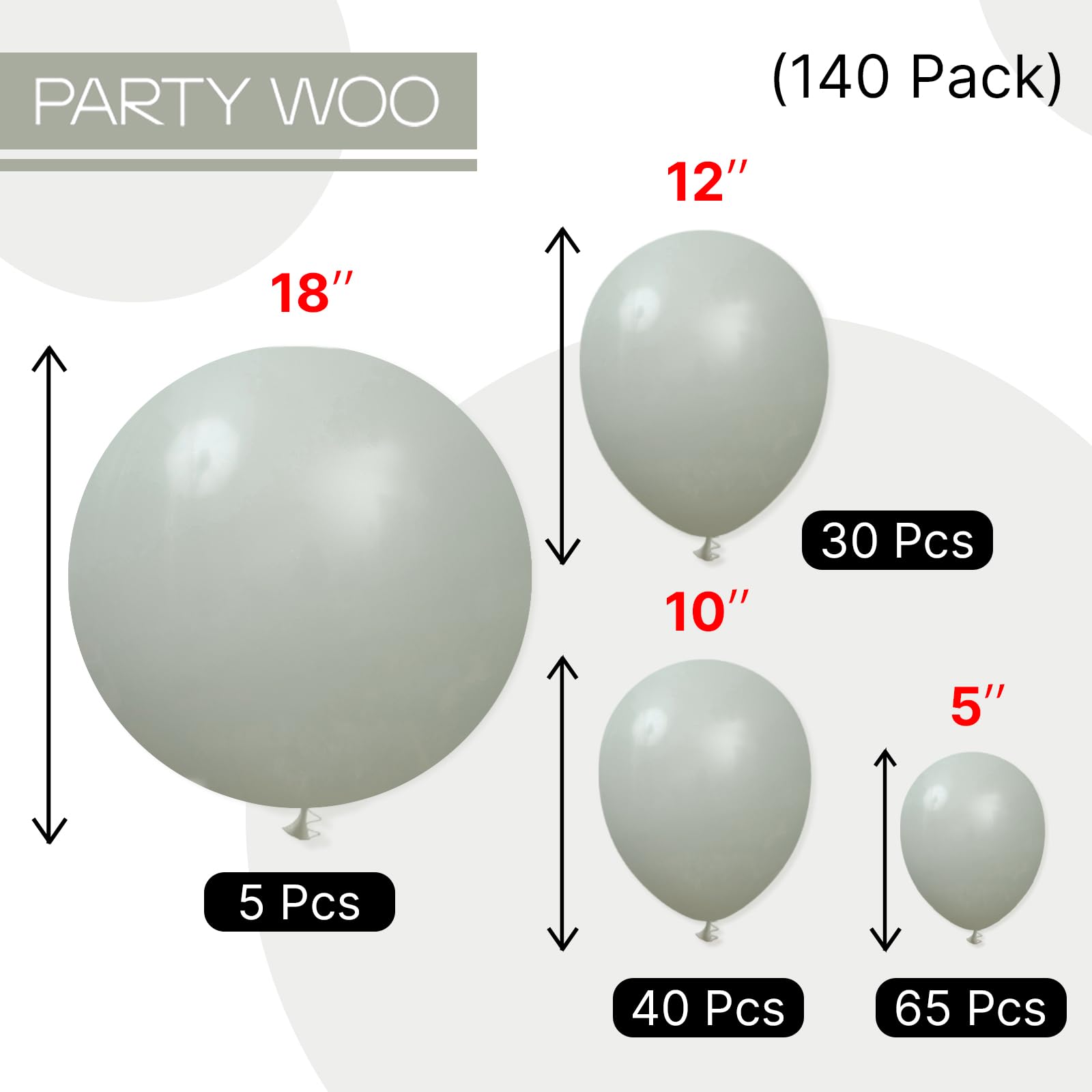 PartyWoo Dusty Green Balloons 140pcs – Boho Jungle Party Kit in Sage Olive Eucalyptus (18/12/10/5in)