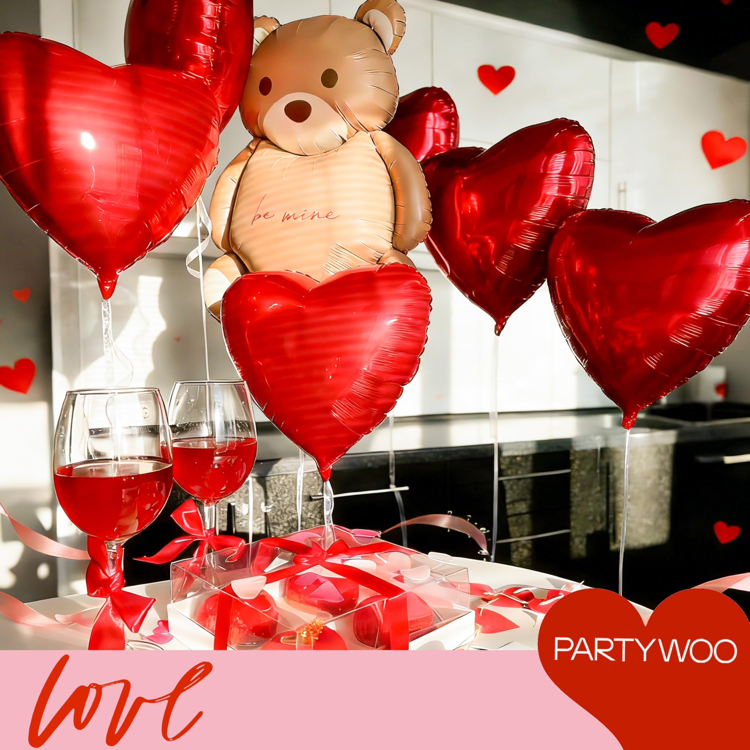PartyWoo Valentine's Balloons — 18in Red Heart & Bear Foil Set, 15 Pieces