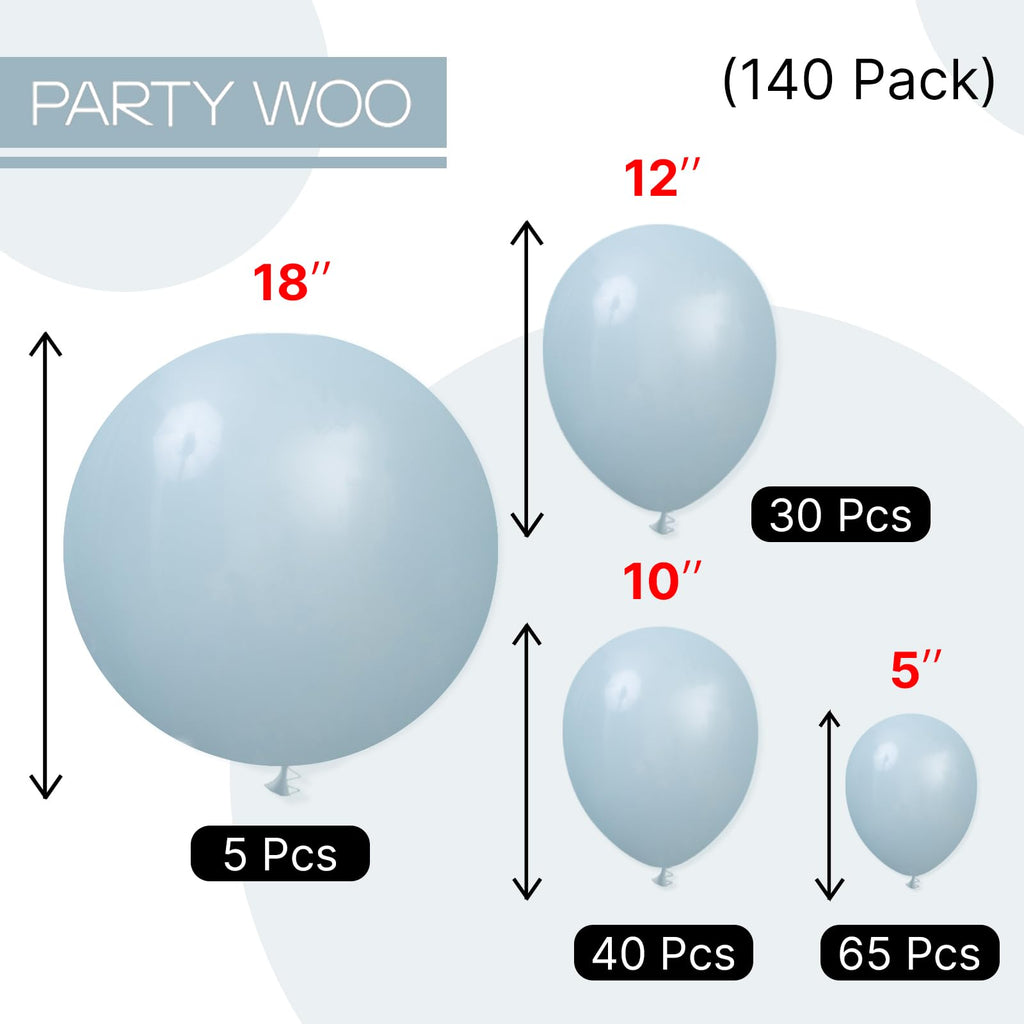 PartyWoo Dusty Blue Balloons 140pcs – Boho Arch Kit in 18/12/10/5 Inch for Graduation, Baby Shower & Birthday