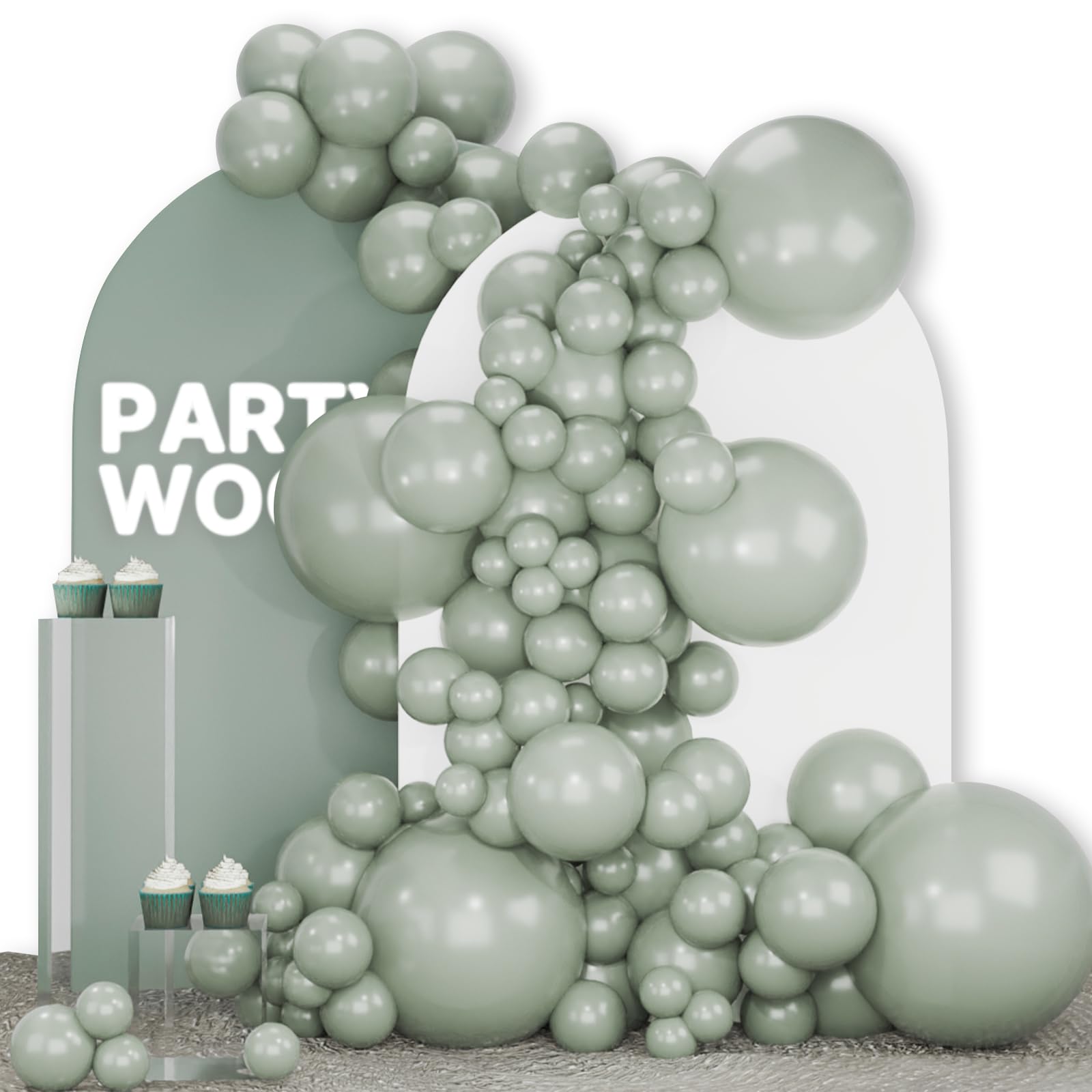 PartyWoo Dusty Green Balloons 140pcs – Boho Jungle Party Kit in Sage Olive Eucalyptus (18/12/10/5in)