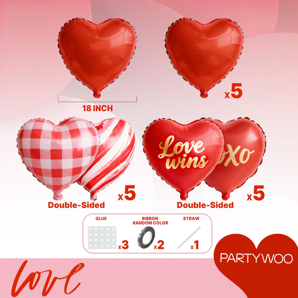 PartyWoo Valentine's Balloons 15pc 18in Foil Red Heart Set – XOXO & Love Wins