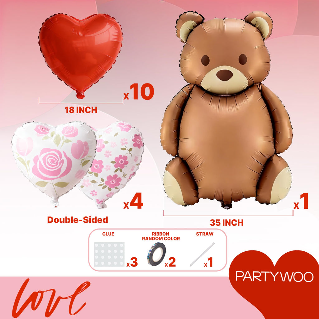 PartyWoo Valentine's Balloons — 18in Red Heart & Bear Foil Set, 15 Pieces