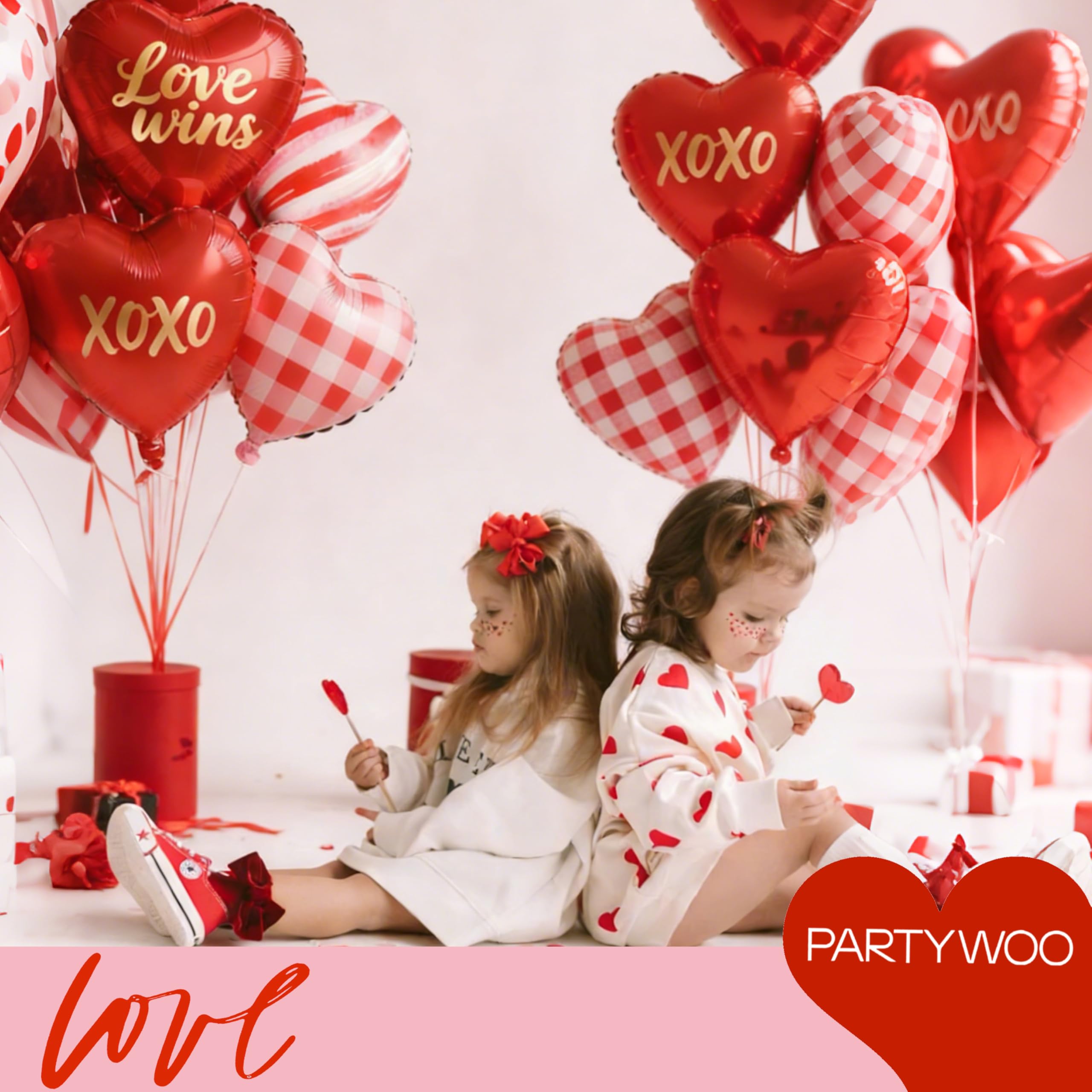 PartyWoo Valentine's Balloons 15pc 18in Foil Red Heart Set – XOXO & Love Wins
