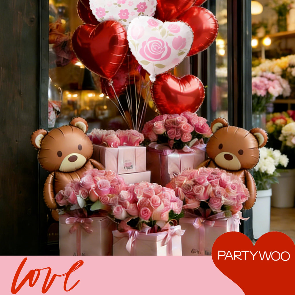 PartyWoo Valentine's Balloons — 18in Red Heart & Bear Foil Set, 15 Pieces