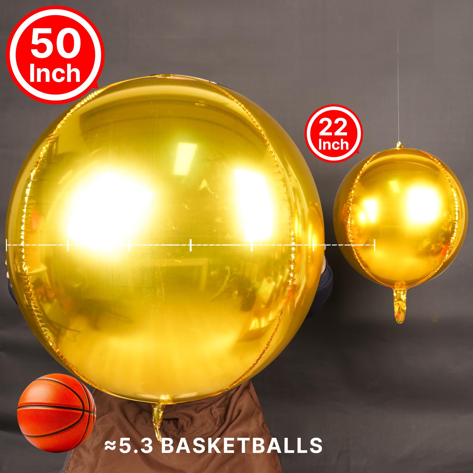 PartyWoo Metallic Gold 50-Inch 3-Pack 4D Mirror Ball Mylar Balloons