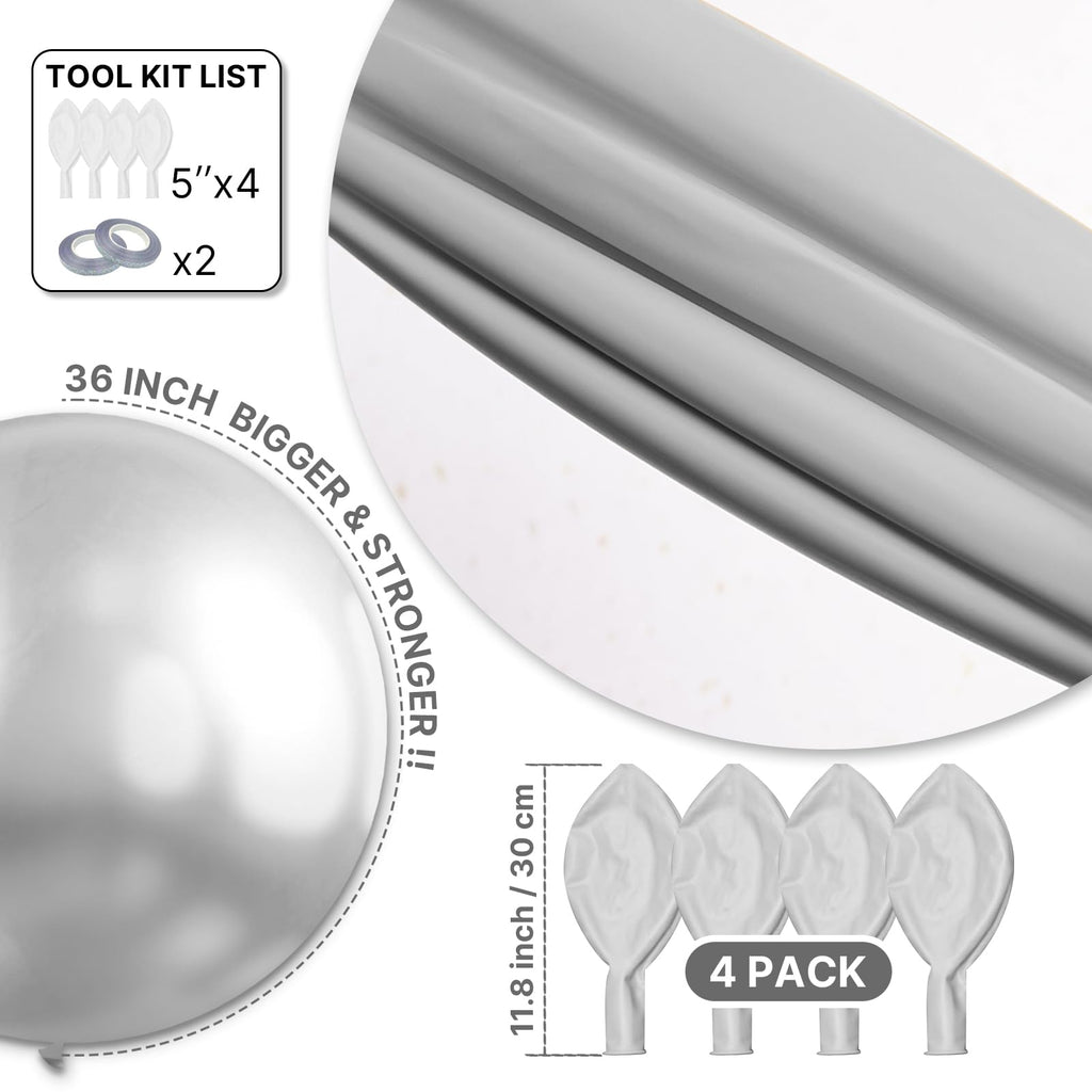 PartyWoo Metallic Silver Balloons 36-inch Giant 4-Piece Set – Weddings, Graduations & Celebrations