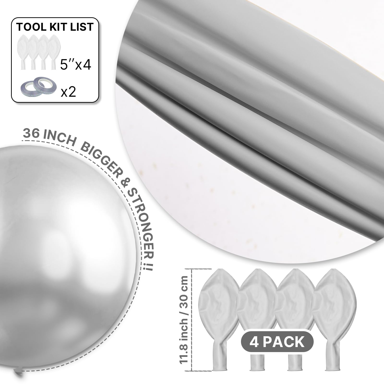 PartyWoo Metallic Silver Balloons 36-inch Giant 4-Piece Set – Weddings, Graduations & Celebrations