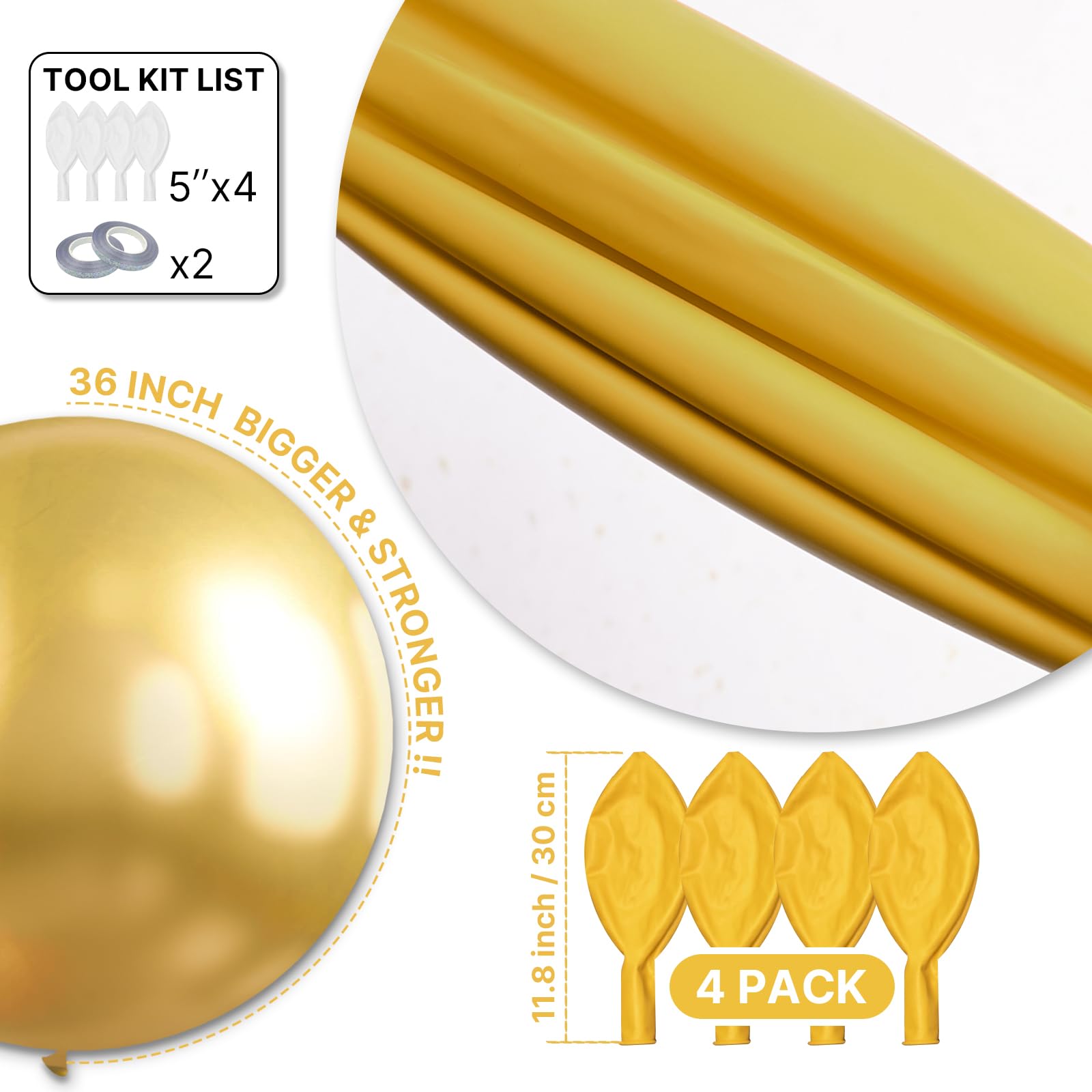 PartyWoo Metallic Gold Balloons 36-Inch Jumbo 4-Pack | Chrome Gold Latex Balloons for Graduation, Baby Shower & Parties