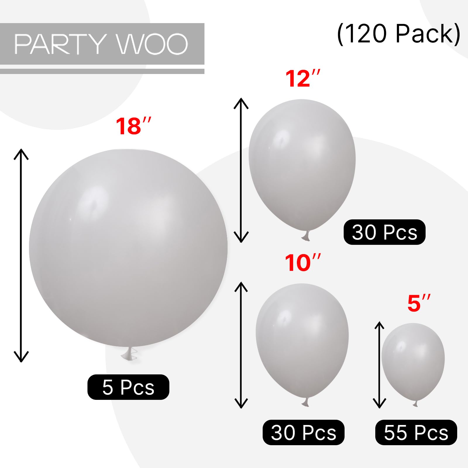 PartyWoo Gray Balloons 120pcs Matte Latex Balloon Arch Kit 18/12/10/5 Inch for Baby Shower Graduation Wedding | Gray-Y71