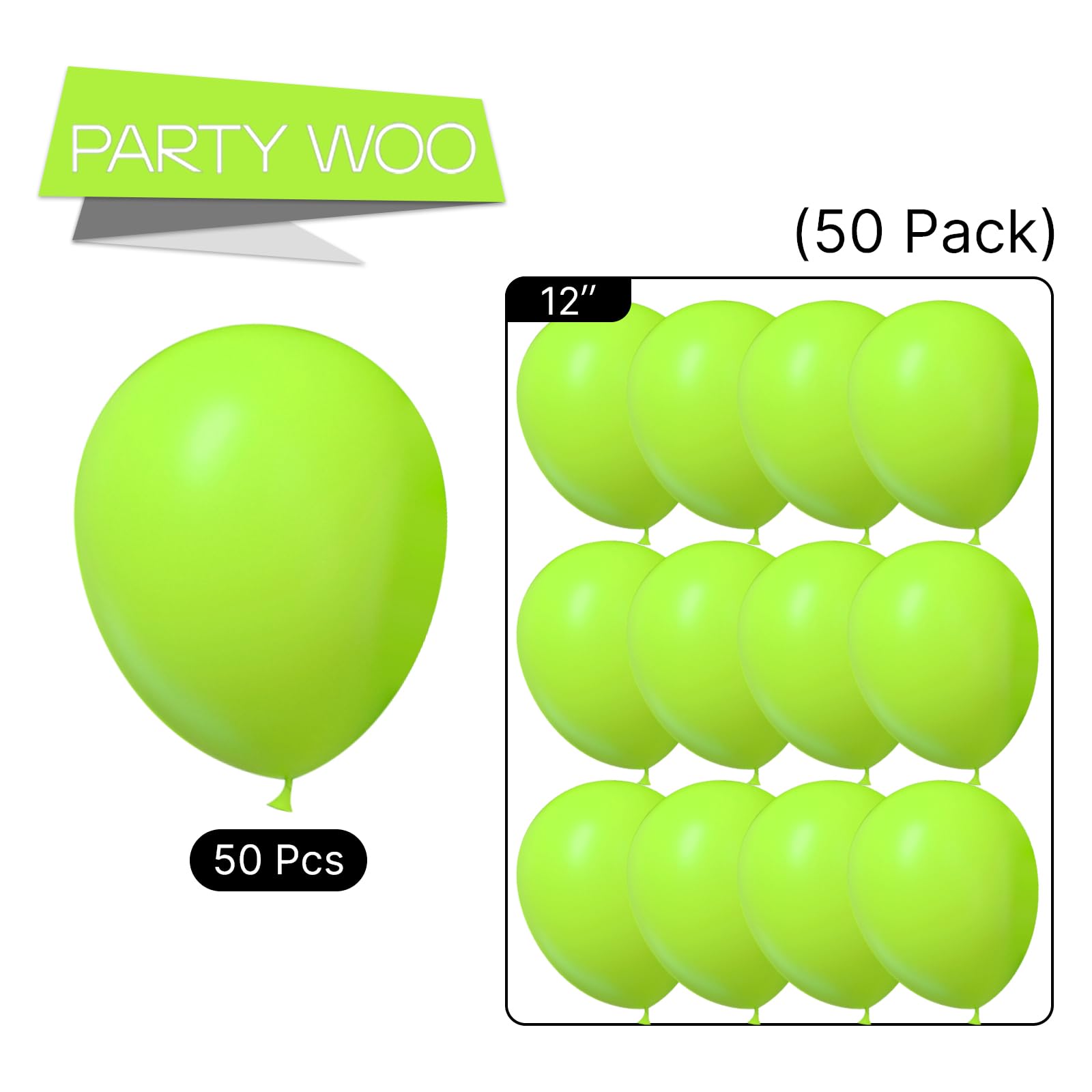 PartyWoo Lime Green Neon Latex Balloons – 50 Pack, 12 Inch for Parties