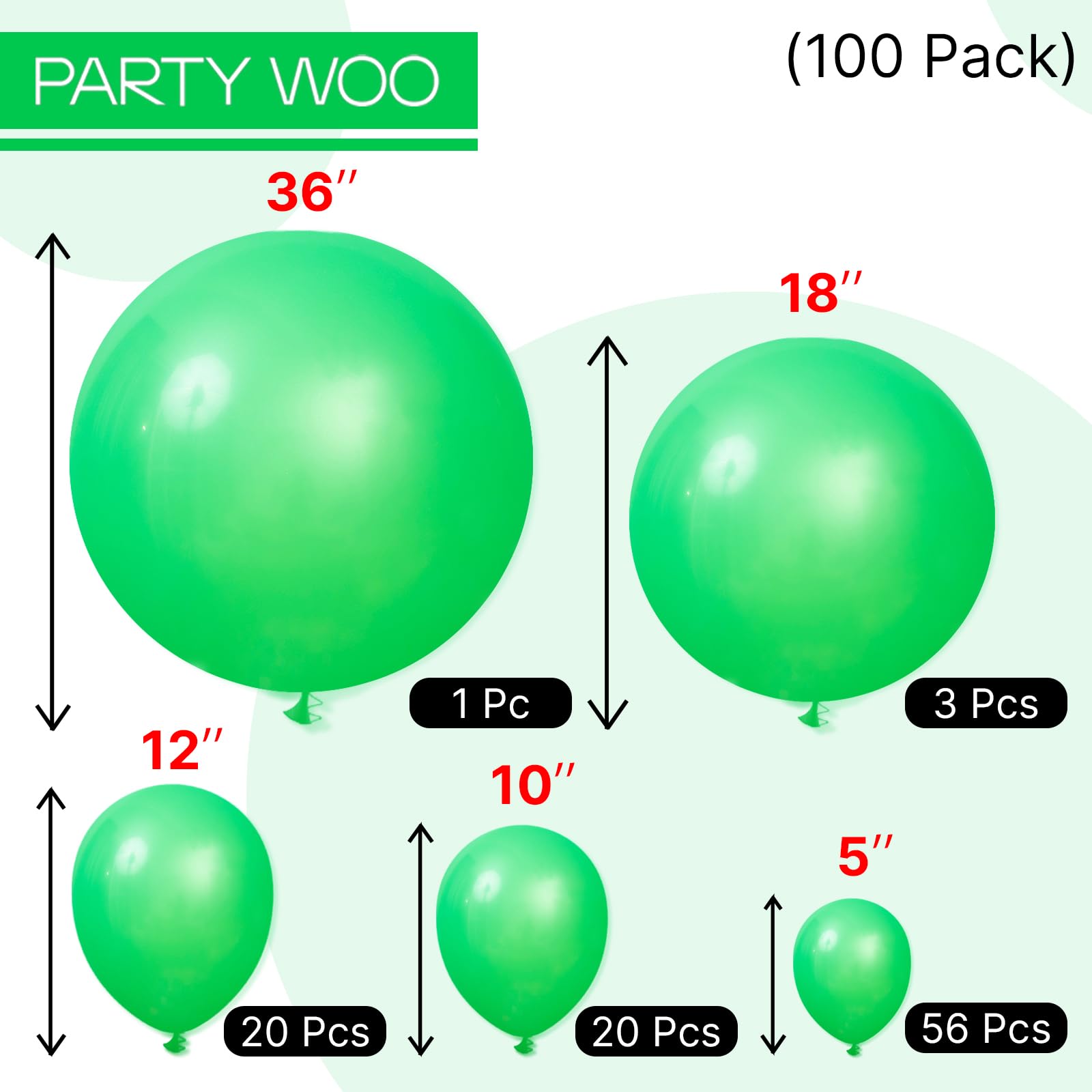 PartyWoo Green Balloons 100 Pcs – Mixed Sizes Balloon Arch Kit for Birthday & Parties