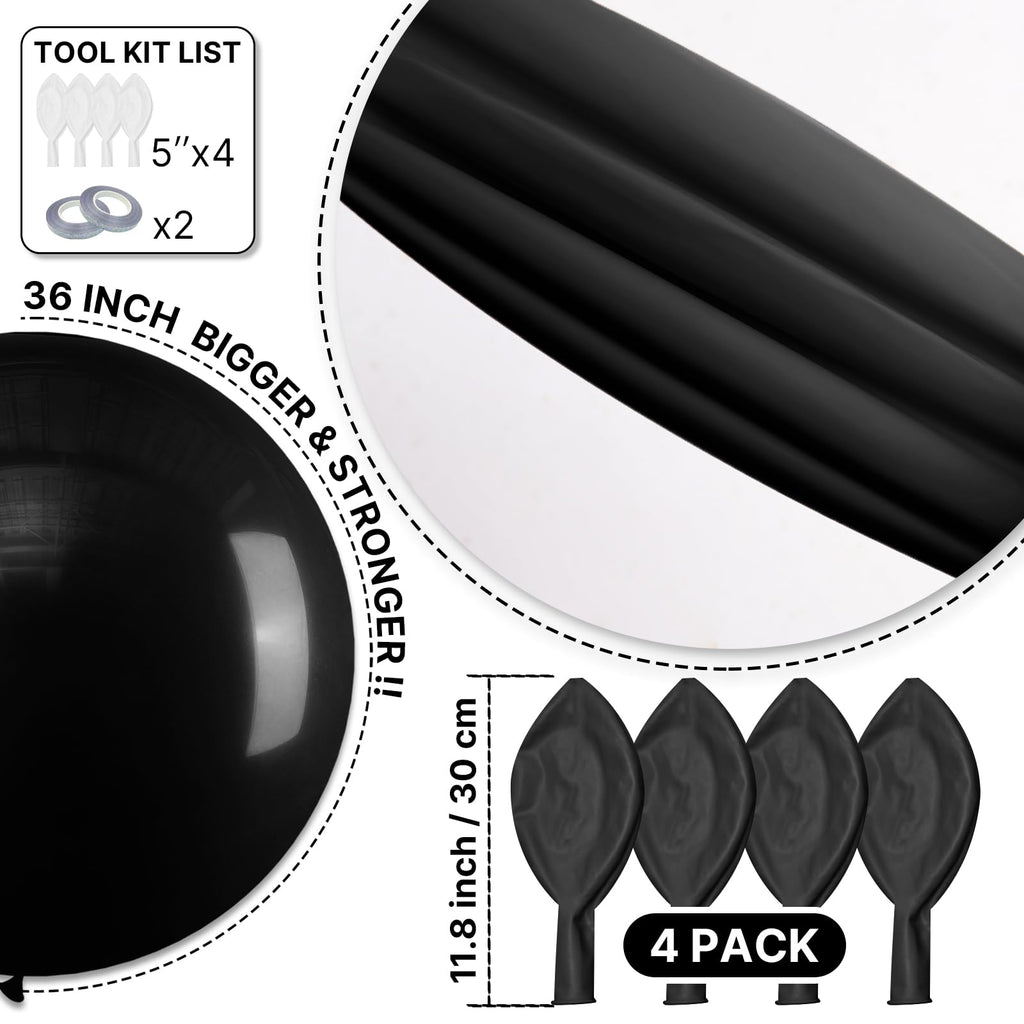 PartyWoo Black 36in Latex Balloons – 4pc Matte, Ideal for Parties & Celebrations