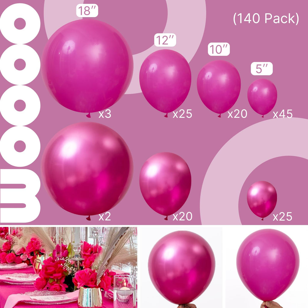 PartyWoo Hot Pink Balloons 140pc Arch Kit – 18/12/10/5in Metallic Pink Magenta & Fuchsia