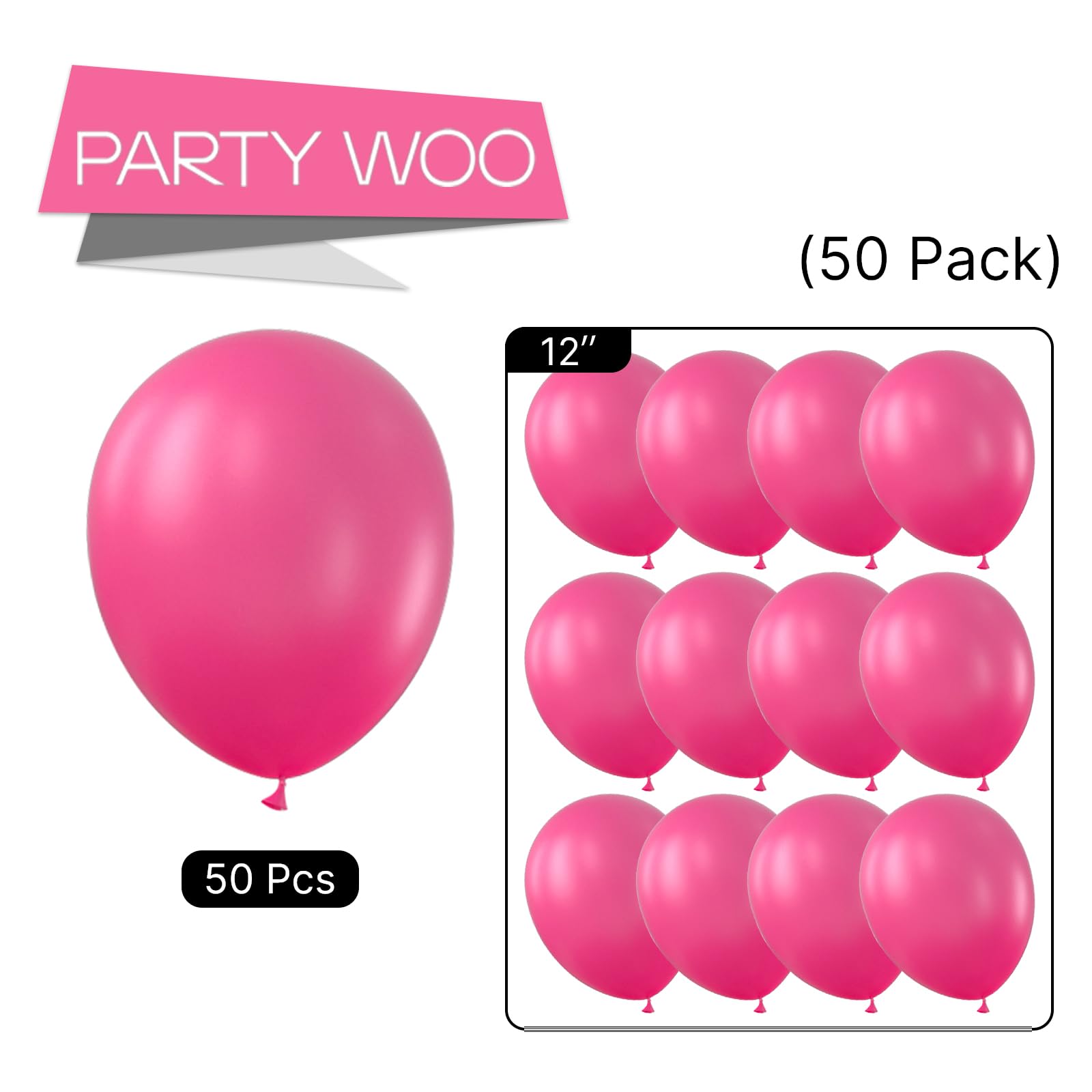 PartyWoo Hot Pink Balloons – 50 Pack, 12" Magenta Fuchsia Latex Balloons for Weddings & Parties