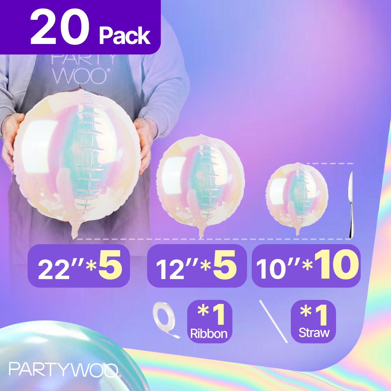 PartyWoo Iridescent Foil Balloons 20pc Pack - 10in, 12in, 22in 4D Mylar Balloons for Weddings & Parties