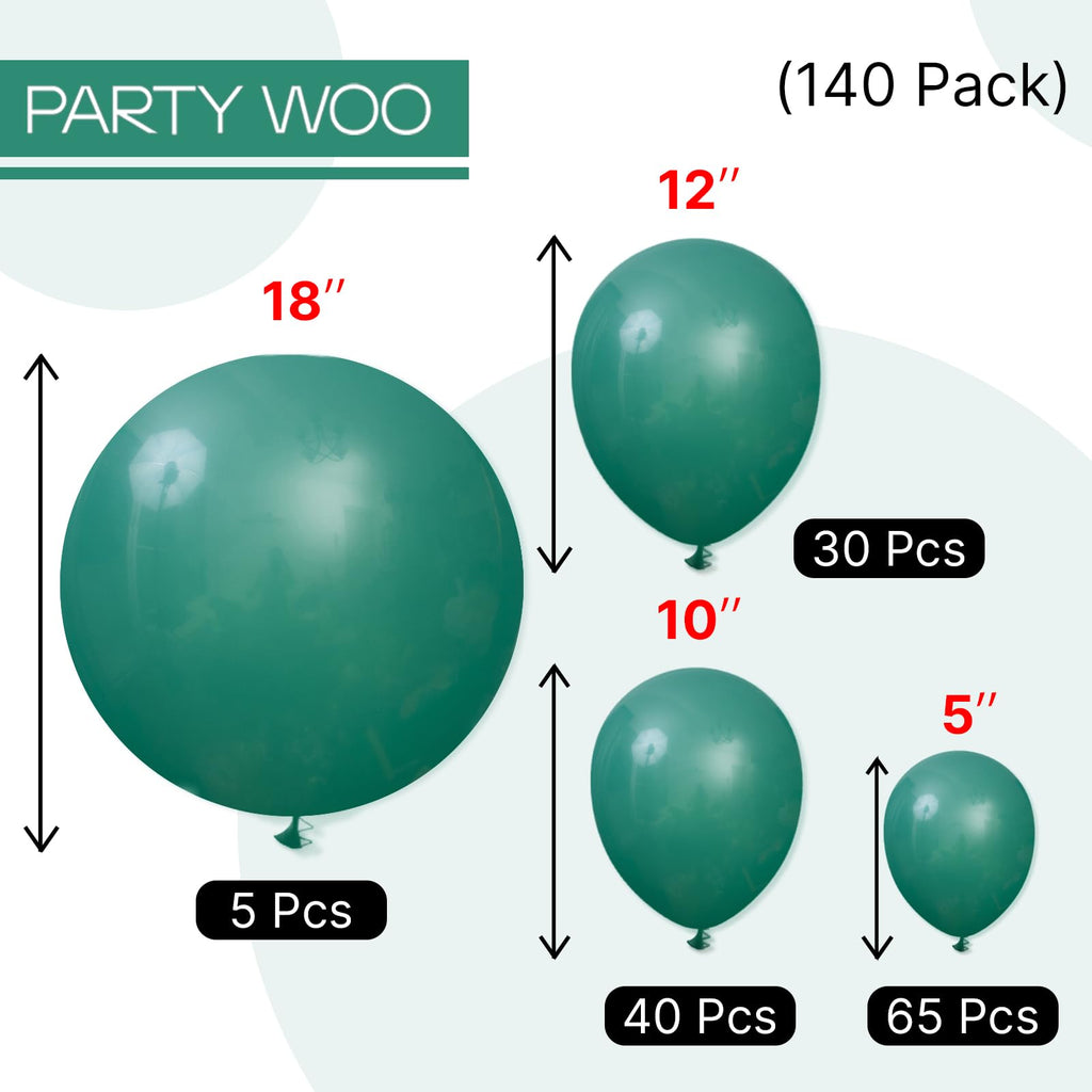 PartyWoo Dark Green Balloons 140pcs – Emerald Hunter Forest Pack (18/12/10/5in)