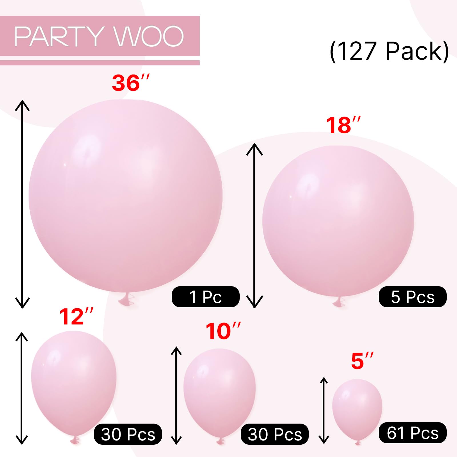PartyWoo Light Pink Balloons 127pcs Arch Kit – Pastel 36/18/12/10/5in
