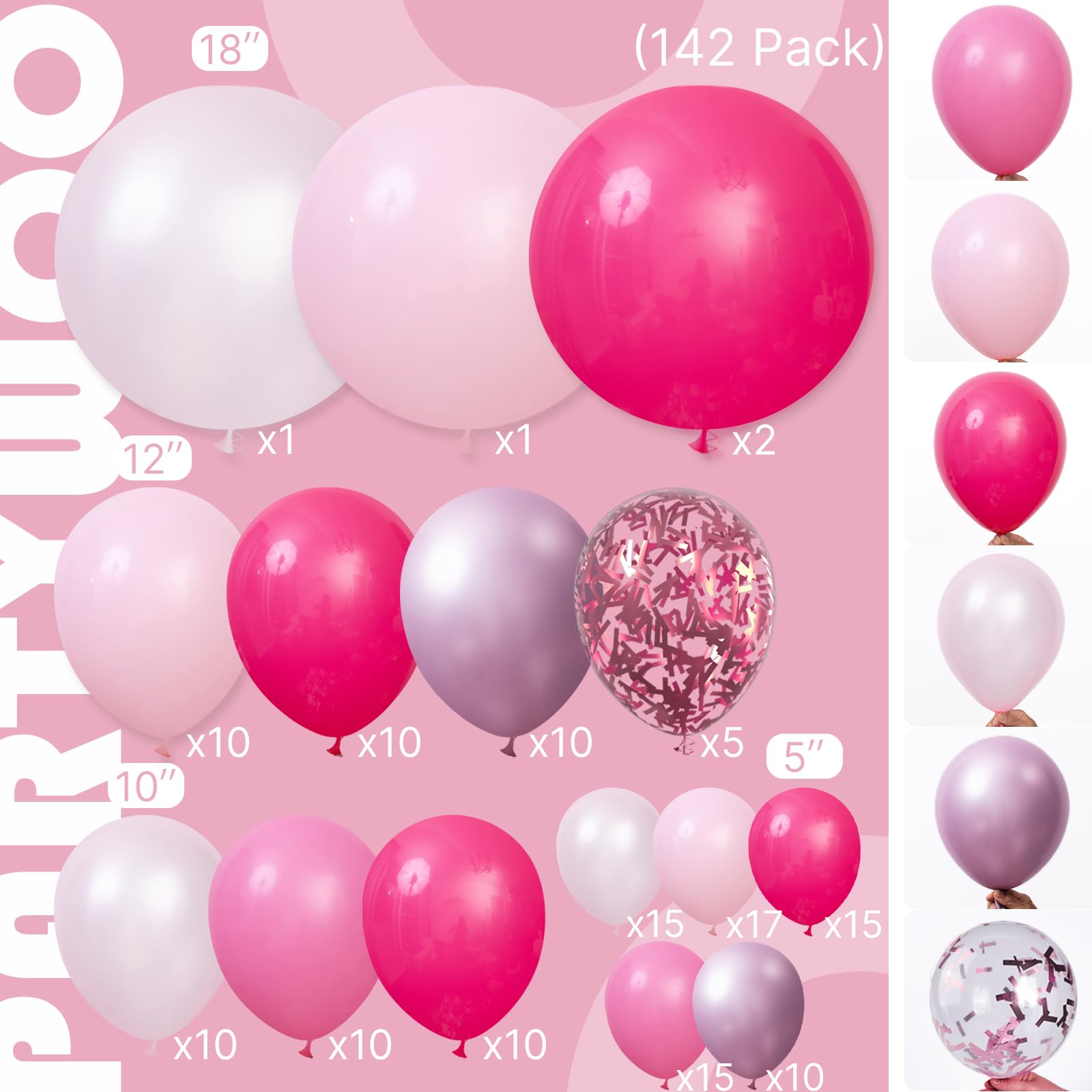 PartyWoo Hot Pink Balloon Arch Kit 142pcs – Magenta, Fuchsia, Pastel Balloons for Baby Shower & Birthday
