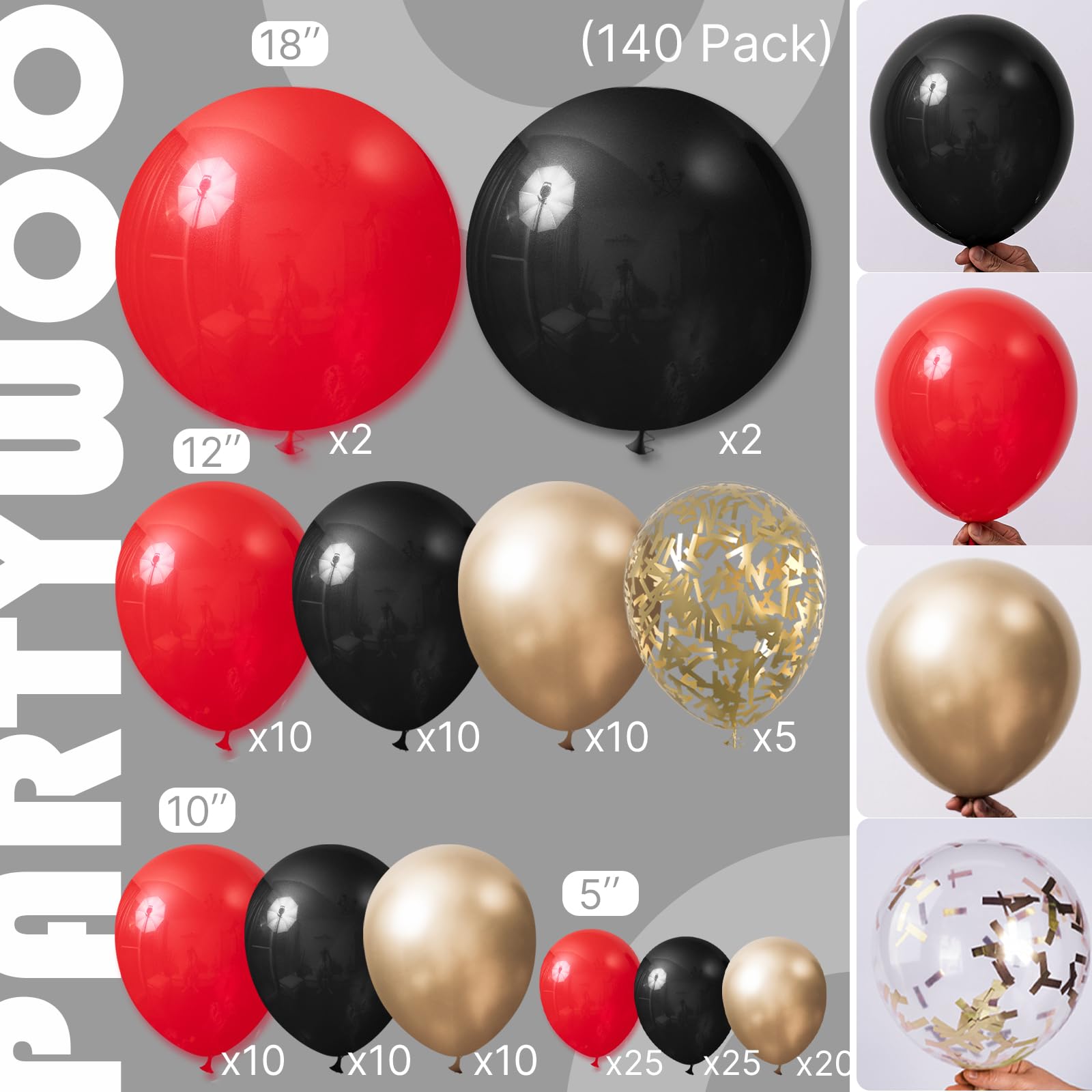 PartyWoo Red Black Gold Balloon Arch Kit – 140pc Matte Balloons for Celebrations