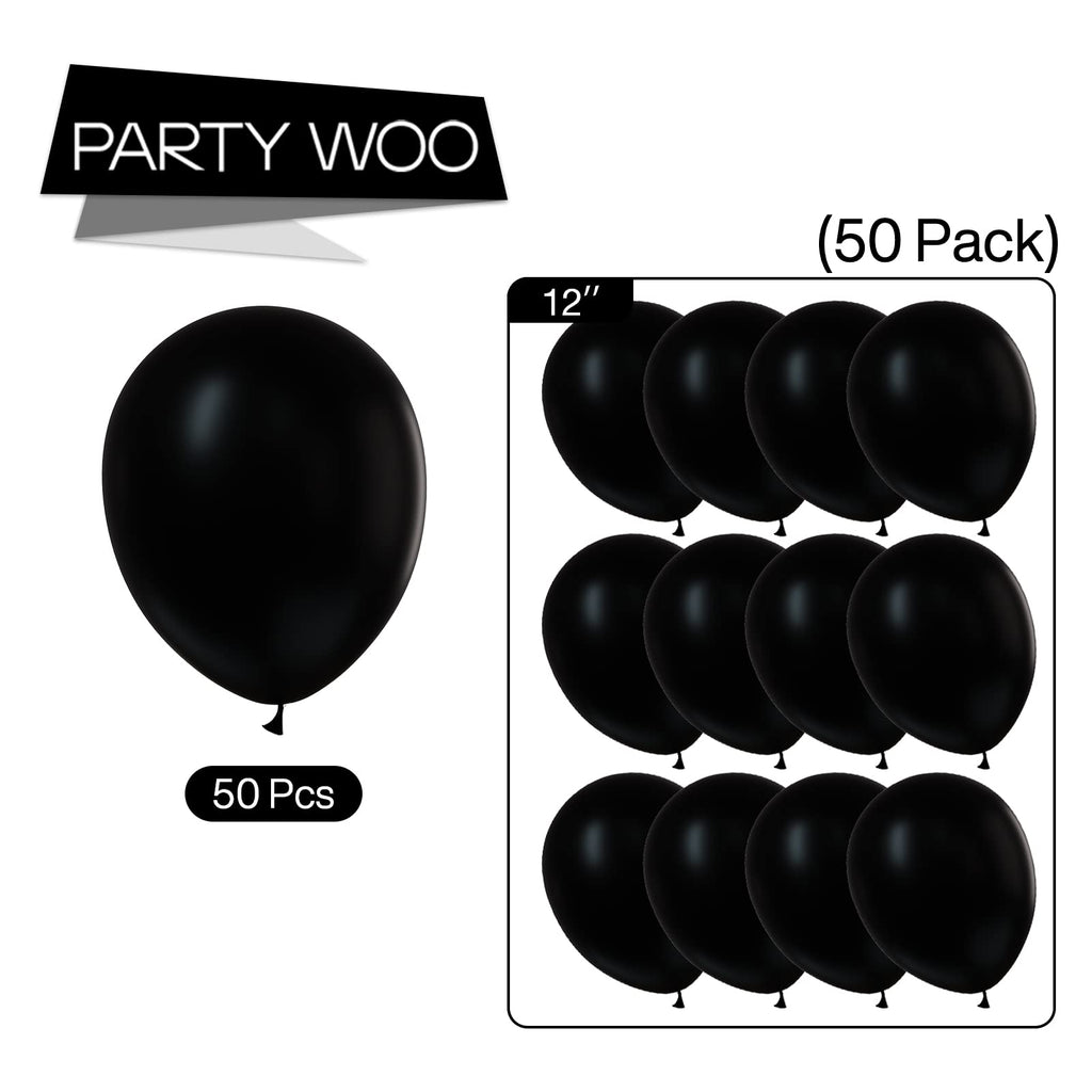 PartyWoo Matte Black Balloons – 50 Pcs, 12" Latex, Helium Ready