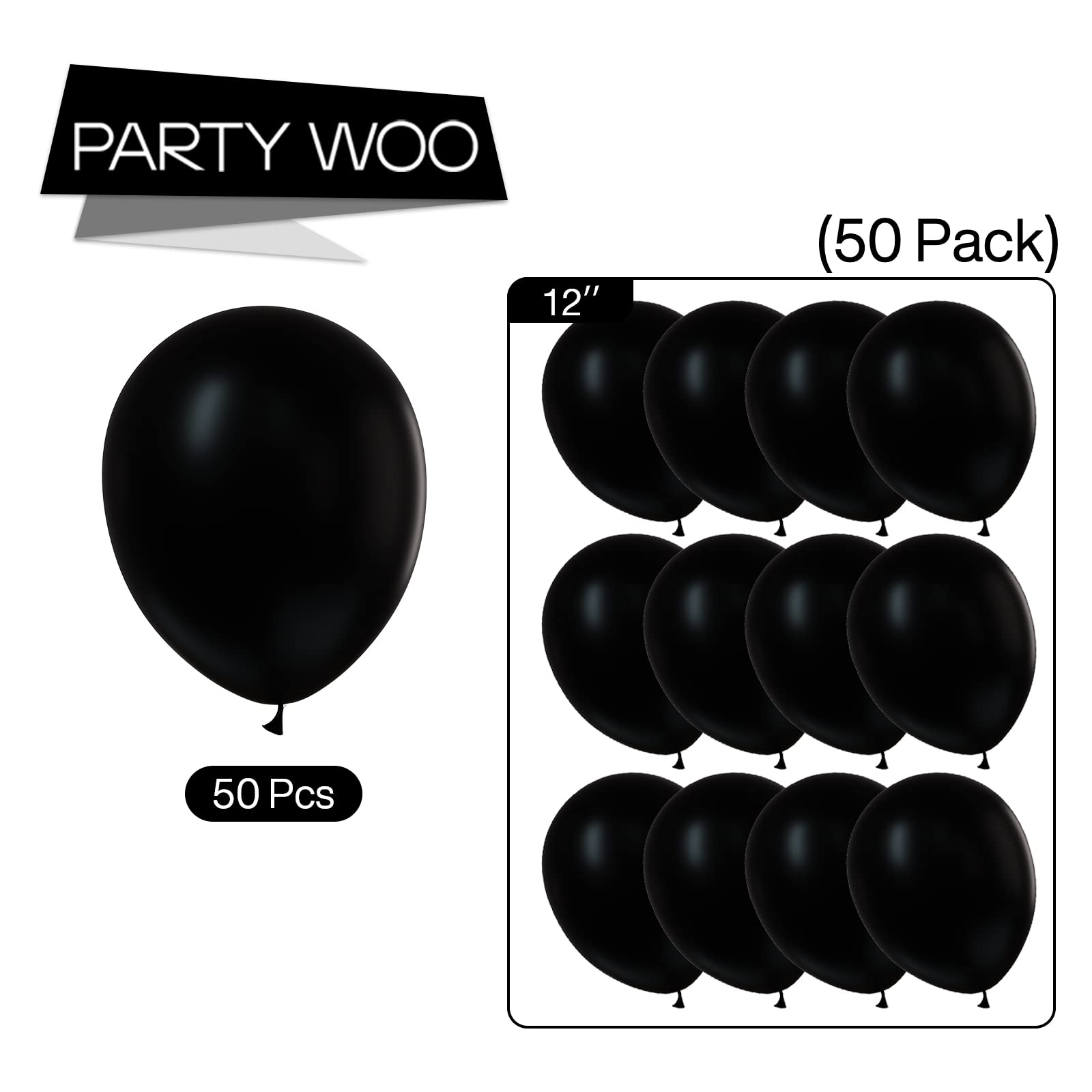 PartyWoo Matte Black Balloons – 50 Pcs, 12" Latex, Helium Ready