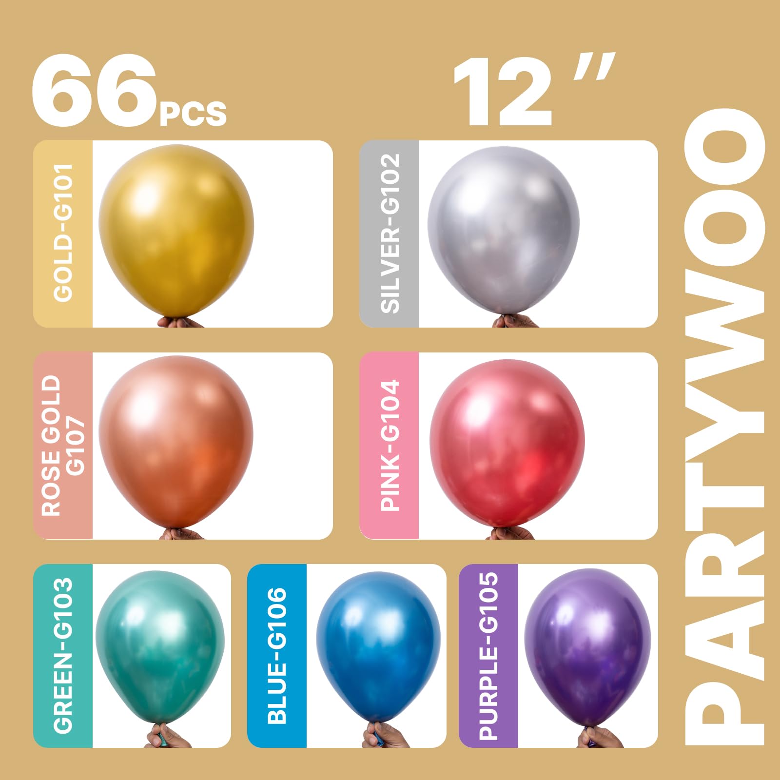 PartyWoo 66-Pack 12in Metallic Balloons – Blue, Silver, Gold, Purple, Pink, Rainbow