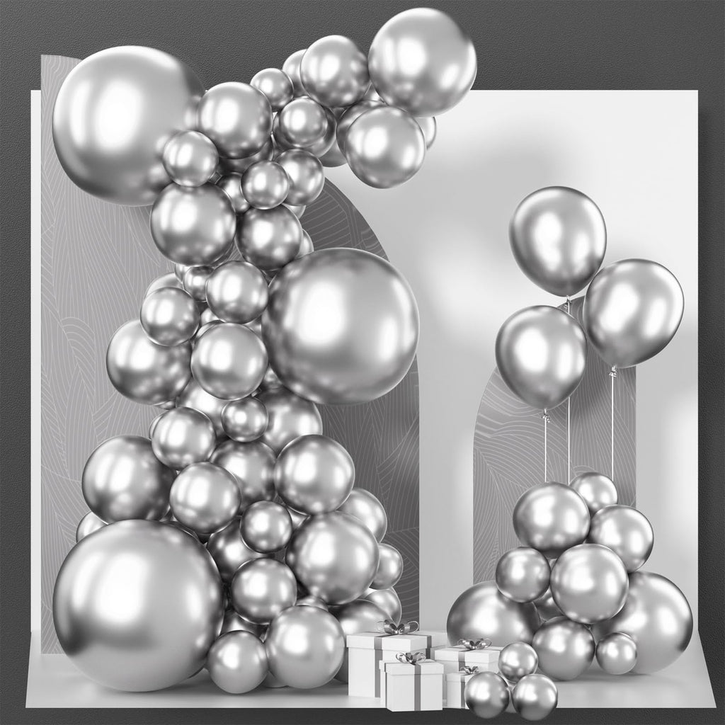 PartyWoo Metallic Silver Balloons — 85pc Pack (18in/12in/10in/5in) for Balloon Garlands & Arches