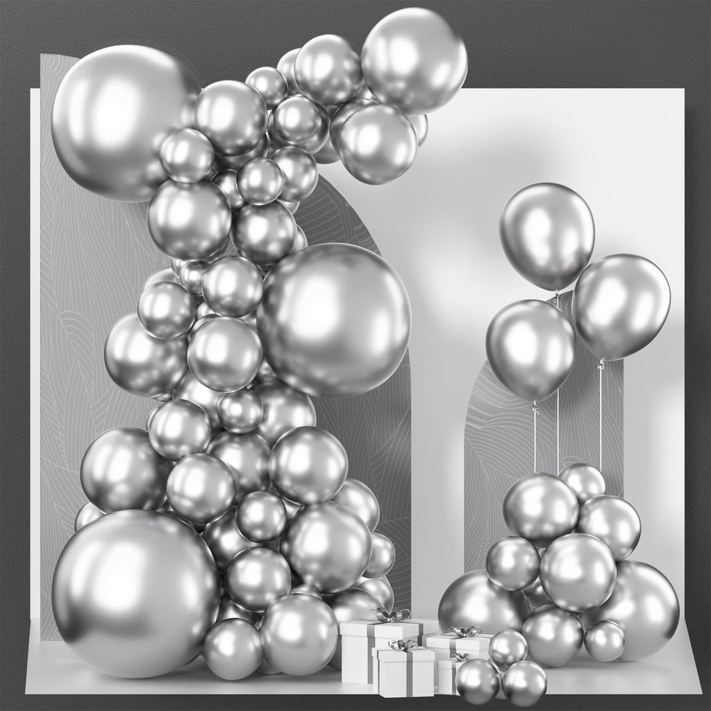 PartyWoo Metallic Silver Balloons — 85pc Pack (18in/12in/10in/5in) for Balloon Garlands & Arches