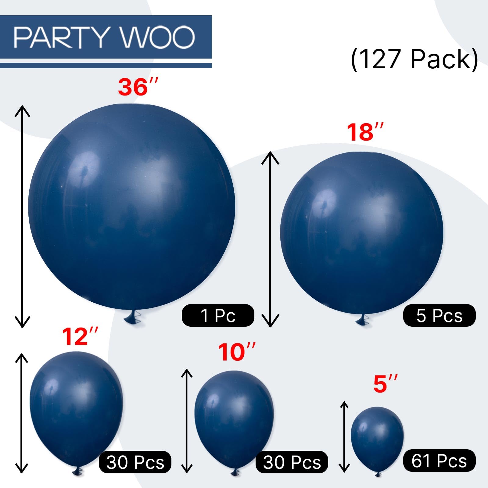 PartyWoo Navy Blue Balloons Kit – 127 Pcs (36, 18, 12, 10, 5in) for Graduation, Weddings & Parties