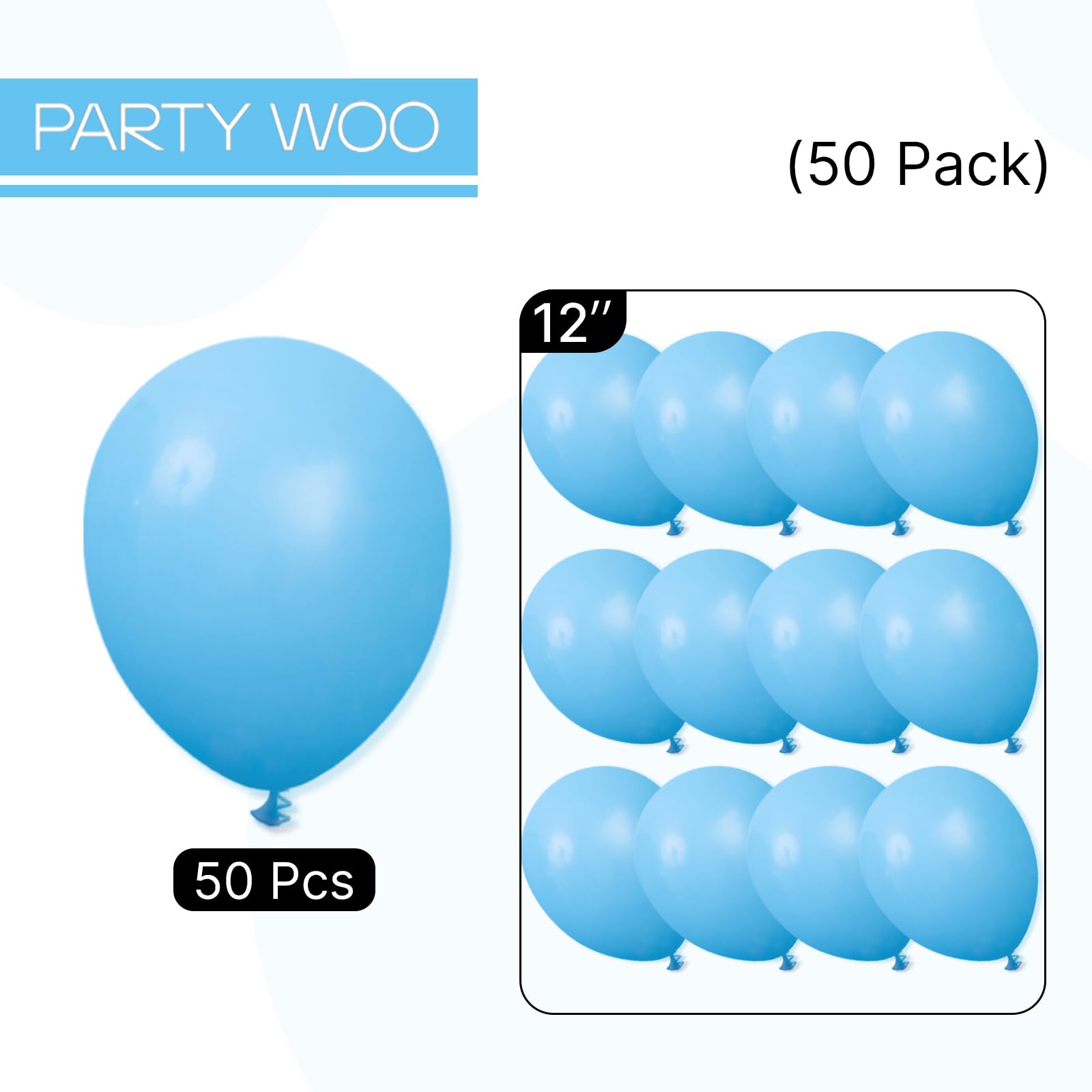 PartyWoo Light Blue Balloons – 50pcs, 12 inch Latex Balloons for Baby Showers, Weddings & Celebrations