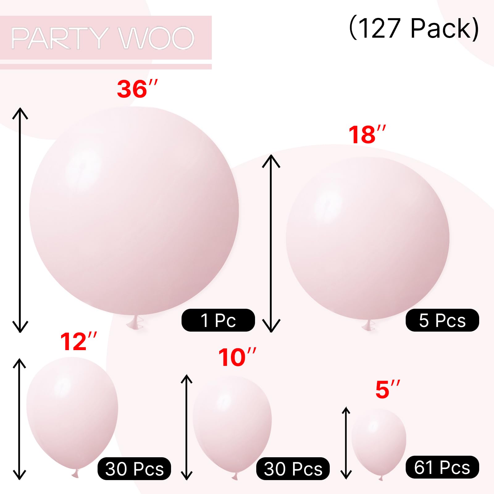 PartyWoo Pale Pink Balloons 127pc Set – Assorted Sizes for Arch Garlands