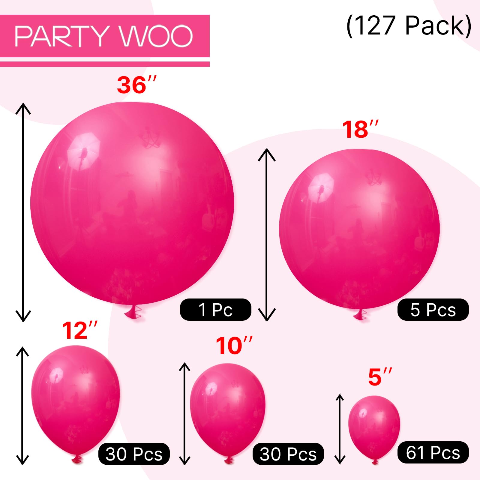 PartyWoo Hot Pink Balloons 127pcs – Multi-Size Latex Balloon Kit for Arches, Garlands & Celebrations