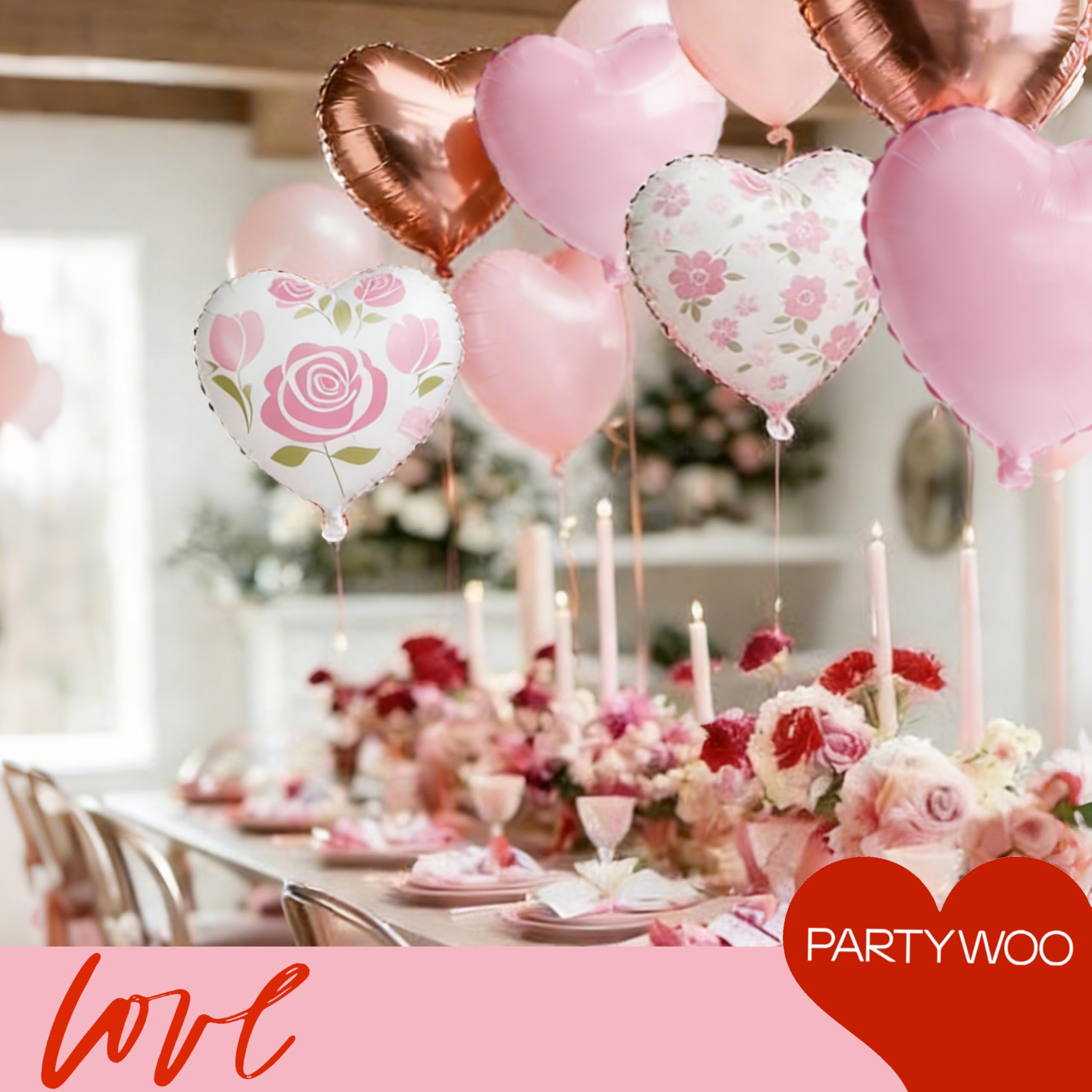 PartyWoo Valentine's Balloons - 15pcs, 18in Pink Rosegold Foil Heart Balloons for Romantic Occasions