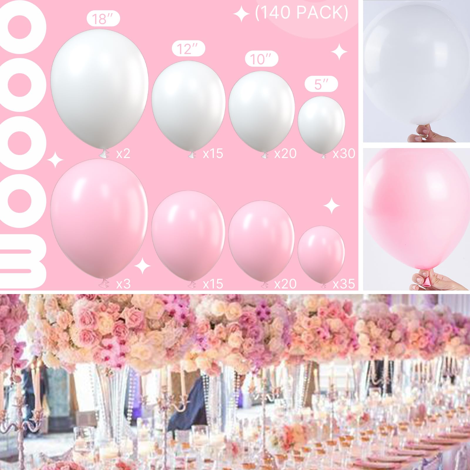 PartyWoo Pink and White Balloons - 140 Pcs Pastel Set for Garland & Arch