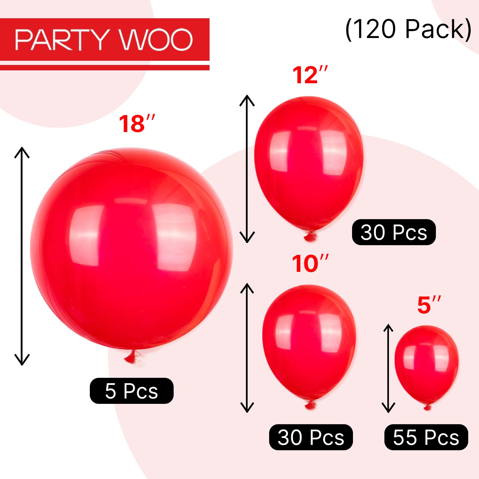 PartyWoo Red Balloons 120 Pcs – 18/12/10/5 Inch Balloon Arch Kit for Birthdays, Graduations & More
