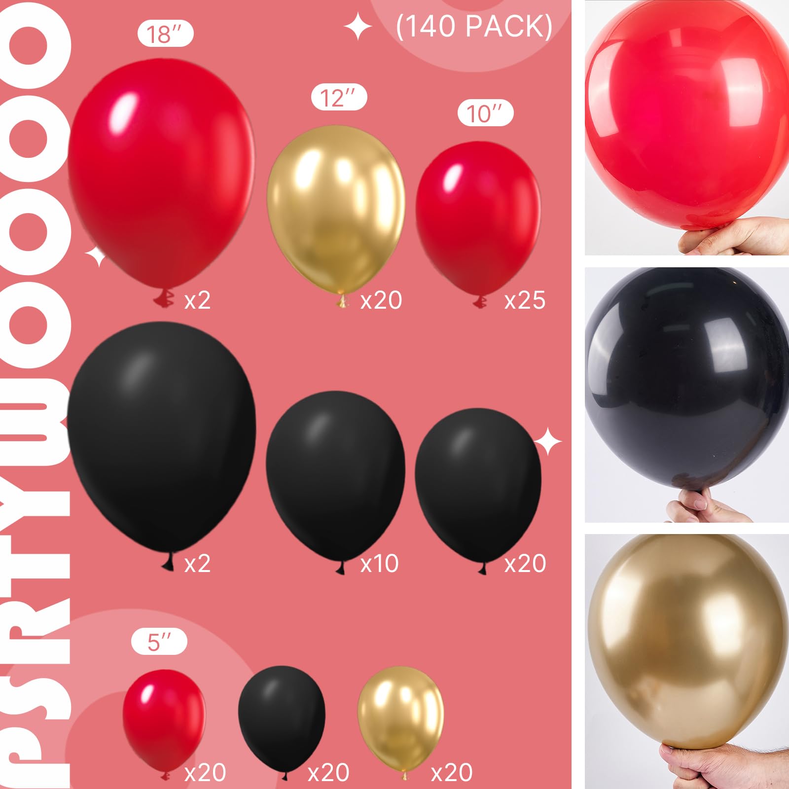 PartyWoo Red Black Gold Balloons – 140 pcs for Graduation & Party Decor (18/12/10/5 in)