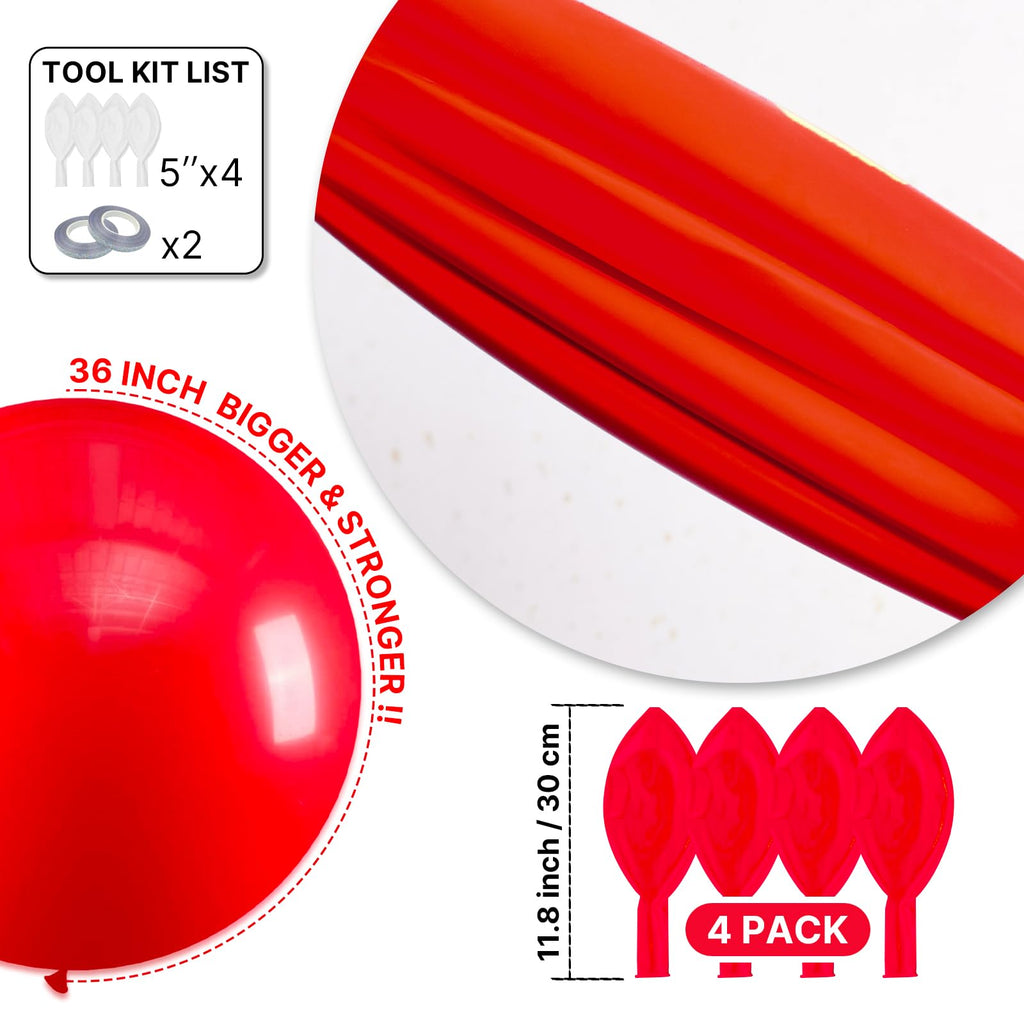PartyWoo Red Balloons 36in - 4 Pack | Premium Latex Party Decor
