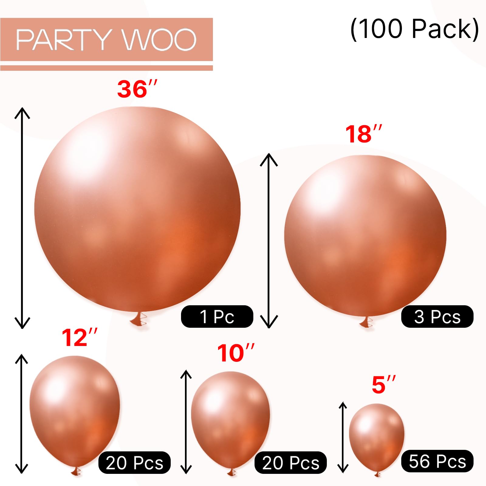 PartyWoo Rose Gold Balloons Kit – 100 Pcs in 36/18/12/10/5 Inch for Arch Garland | Wedding Birthday Party Decor