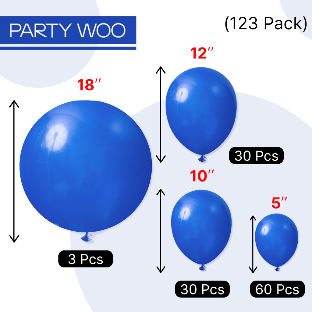 PartyWoo Royal Blue Balloons 123pcs – Mixed Sizes (18/12/10/5in) for Arches & Celebrations