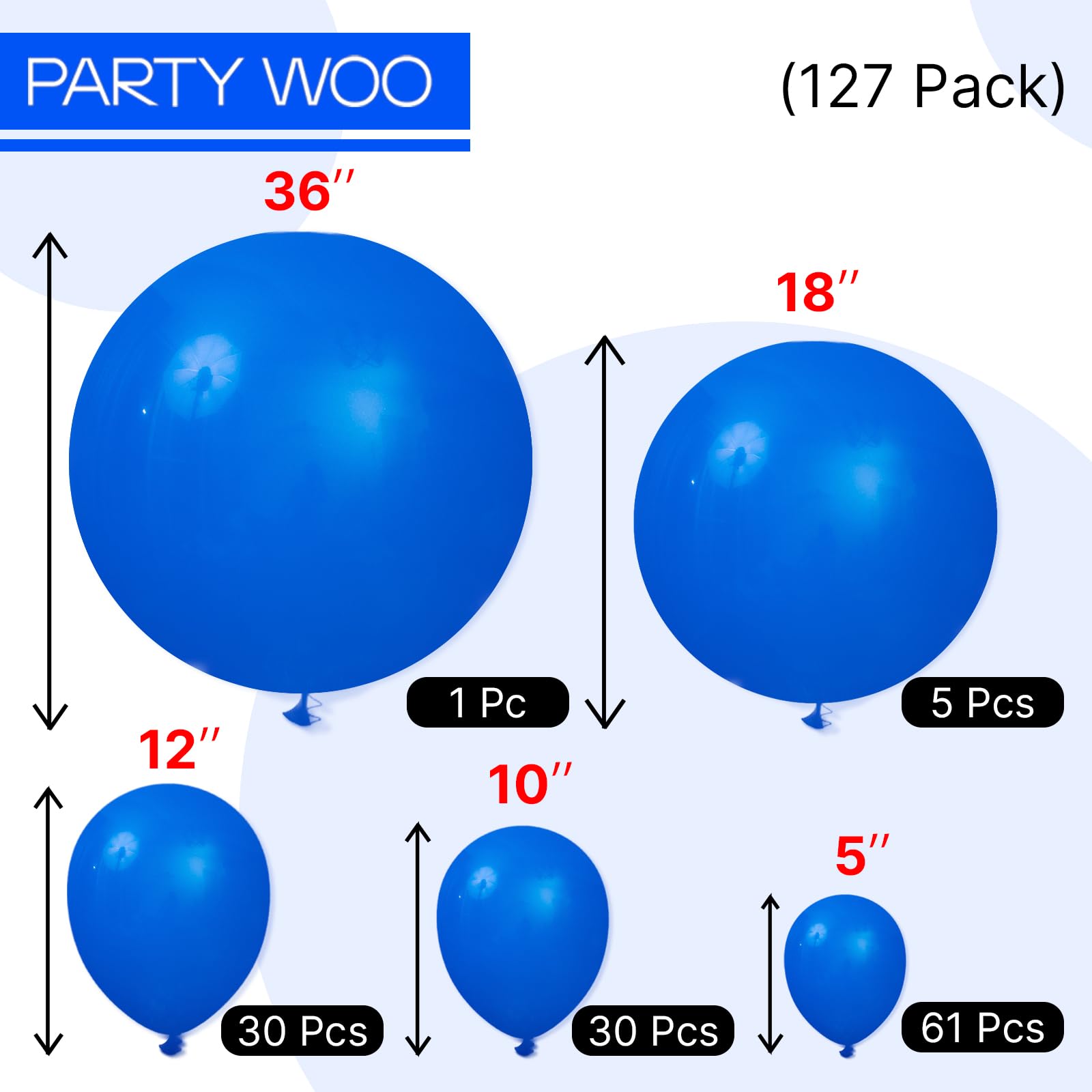 PartyWoo Royal Blue Balloons 127pcs – Mixed Sizes (36-inch, 18-inch, 12-inch, 10-inch, 5-inch) for Arches, Garlands & Centerpieces